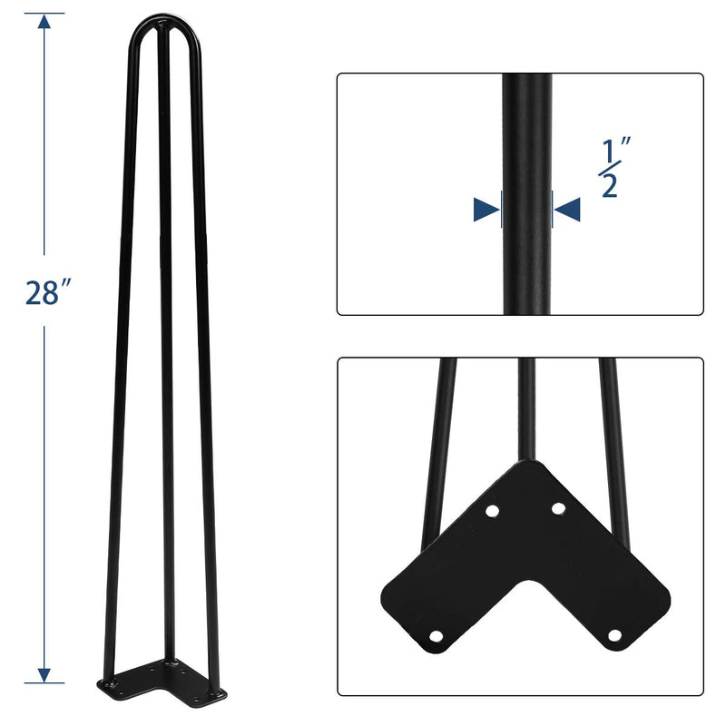 28" Black Hairpin Legs, 1/2" Diameter, Set for 4 Heavy Duty 3 Rods Table Legs