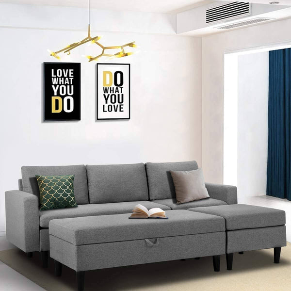 Gray Sectional Sofa with Ottoman and Chaise Lounge, 3-Seat Living Room Furniture Sets, L-Shape Couch Sofa for Living Room