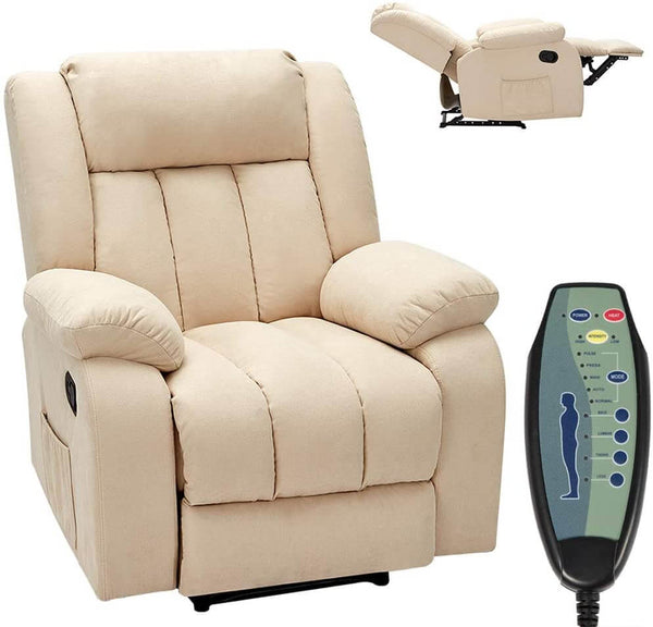 Massage Recliner Chair Fabric Heated Ergonomic Lounge Chair Overstuffed Reclining Chair Single Sofa for Living Room, Remote Control, Beige