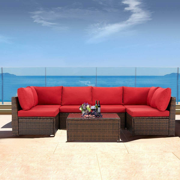 7 Pcs Patio Furniture Set, Wicker Rattan Conversation Sets, Outdoor Sectional Sofa Set, Red Cushion