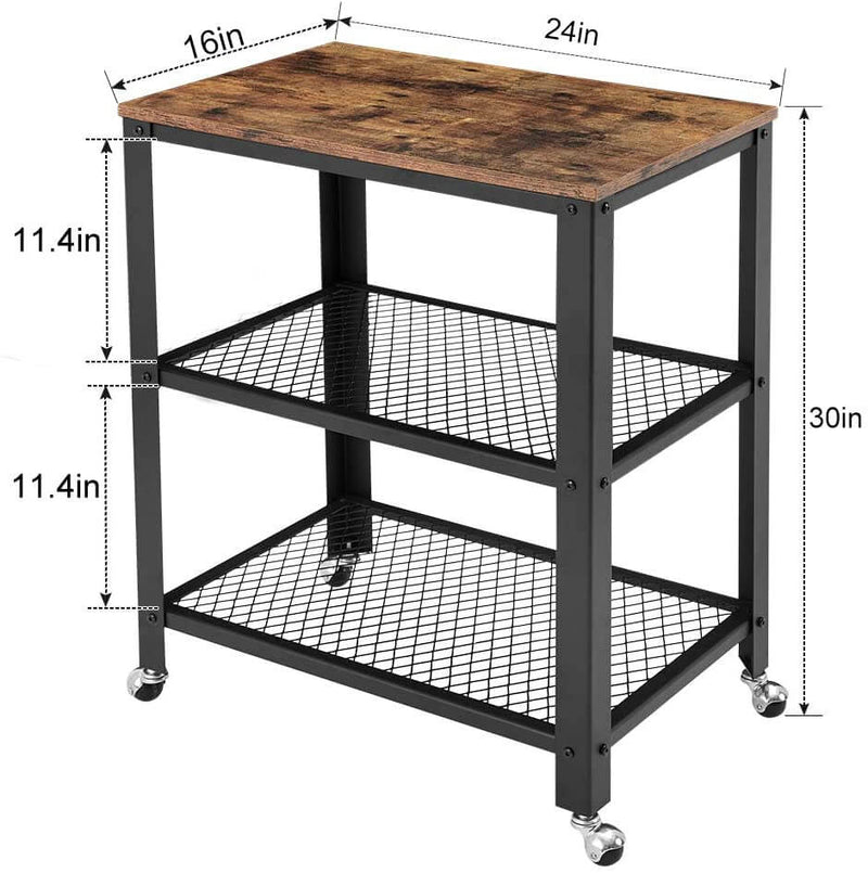 Industrial Kitchen Cart 3-Tier, Rolling Serving Cart on Wheels with Storage, Microwave Cart for Kitchen, Vintage Brown