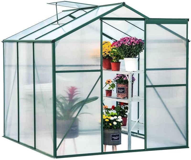 Large Walk-in Greenhouse, 8'(L) x 6'(W) x 6.6'(H) Flower Greenhouse Hot House, UV Protection Greenhouse with Roof Vent & Rain Gutters