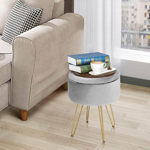 Velvet Footrest Storage Ottoman Round Modern Upholstered Vanity Footstool Side Table Seat Dressing Chair with Golden Metal Leg, Gray
