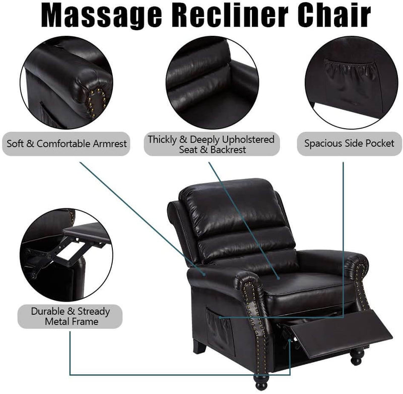 Massage Recliner Chair, Arm Chair Push Back Recliner with Rivet Decoration, PU Leather Power Recliner Chair with 6 Point Massage and Heat (Brown)