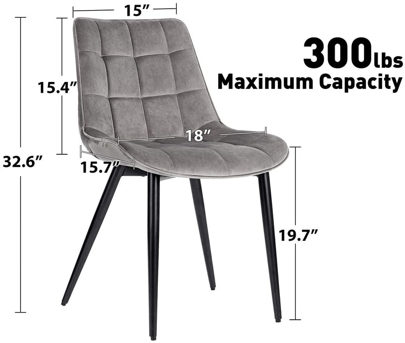 Velvet Dining Chairs Set of 2 Mid Century Modern Leisure Upholstered Chair with Metal Legs Grey