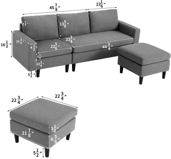 Esright Small Gray Sectional Sofa Couch Small 3 Piece Living Room Convertible Couch Linen Fabric L-Shape Couch with Chaise Lounge for Small Space Apartment, Gray