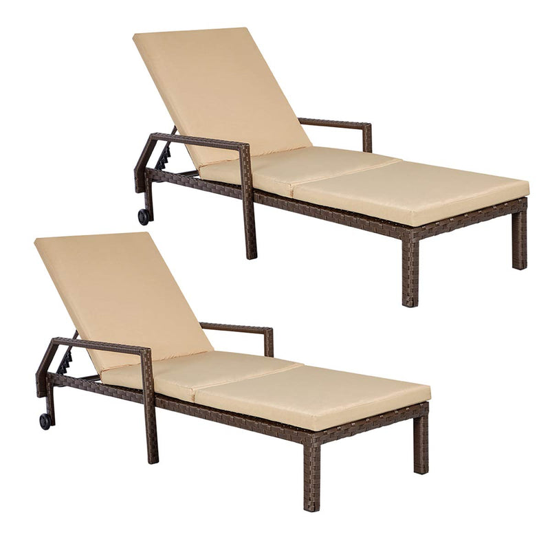 Adjustable Outdoor Chaise Lounge Chair Rattan Wicker Patio Lounge Chair Set of 2 with Cushion and Wheels,Brown