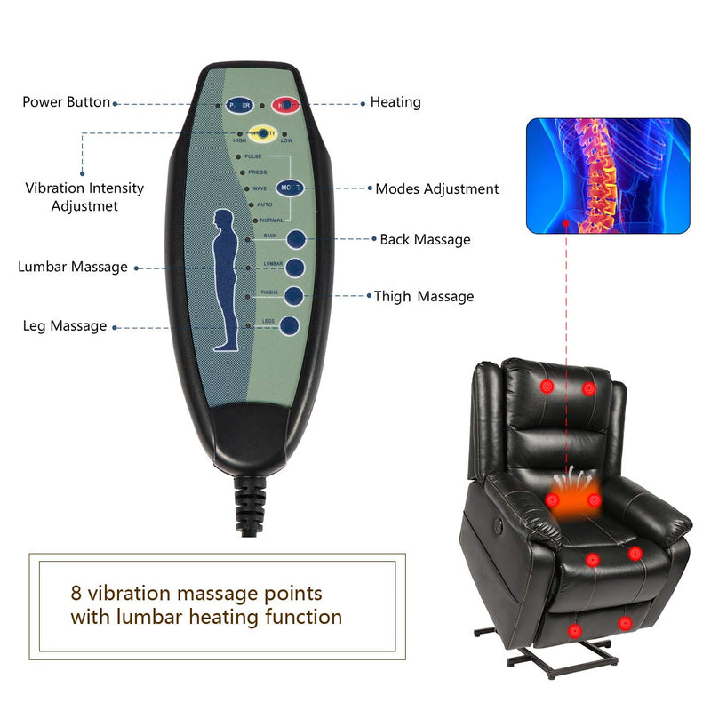 Power Lift Chair Faux Leather Electric Recliner for Elderly, Heated Vibration Massage Sofa with Side Pockets, USB Charge Port & Remote Control, Black