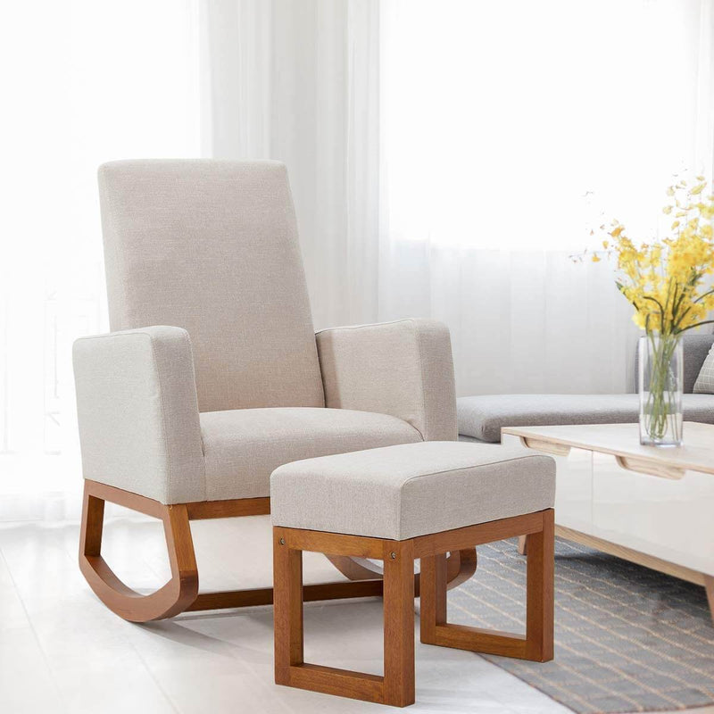 Rocking Chair Mid Century Accent Chair Glider Rocker, Seat Wood Base, High Back Linen Armchair, Beige