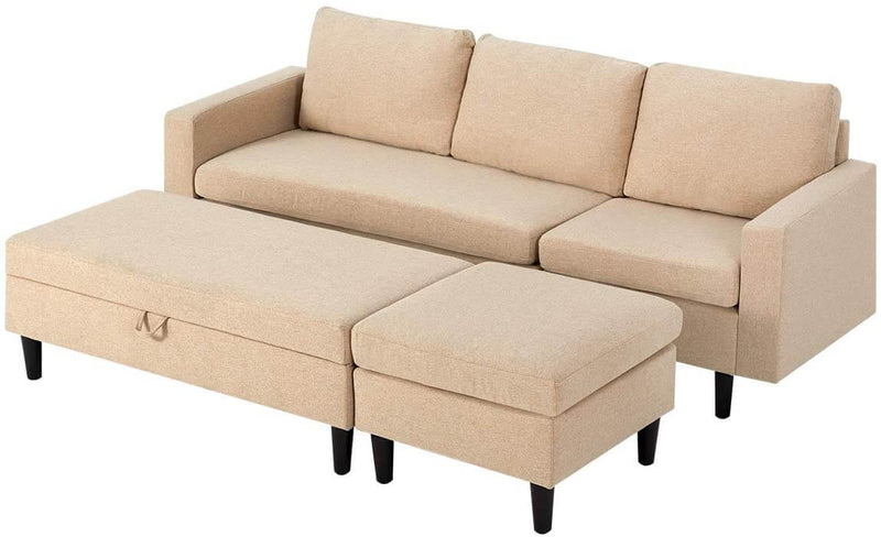 Sectional Sofa with Ottoman and Chaise Lounge, 3-Seat Living Room Furniture Sets, L-Shape Couch Sofa for Living Room, Light Beige