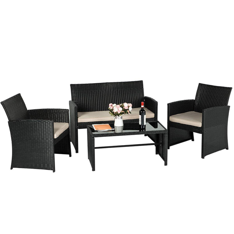 4-Piece Wicker Outdoor Patio Furniture Sets Rattan Patio Conversation Furniture Sets Wicker Chair Set with Cushion for Porch Garden Poolside with Coffee Table, Black