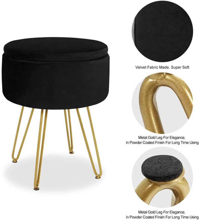 Velvet Footrest Storage Ottoman Round Modern Upholstered Vanity Footstool Side Table Seat Dressing Chair with Golden Metal Leg, Black