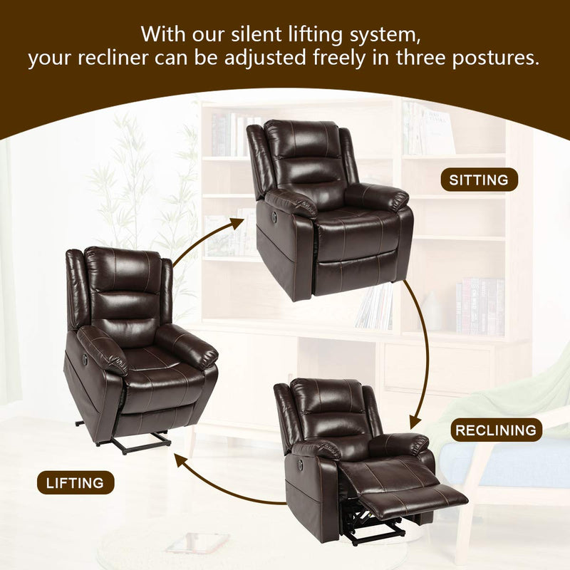 Power Lift Chair Faux Leather Electric Recliner for Elderly, Heated Vibration Massage Sofa with Side Pockets, USB Charge Port & Remote Control, Dark Brown