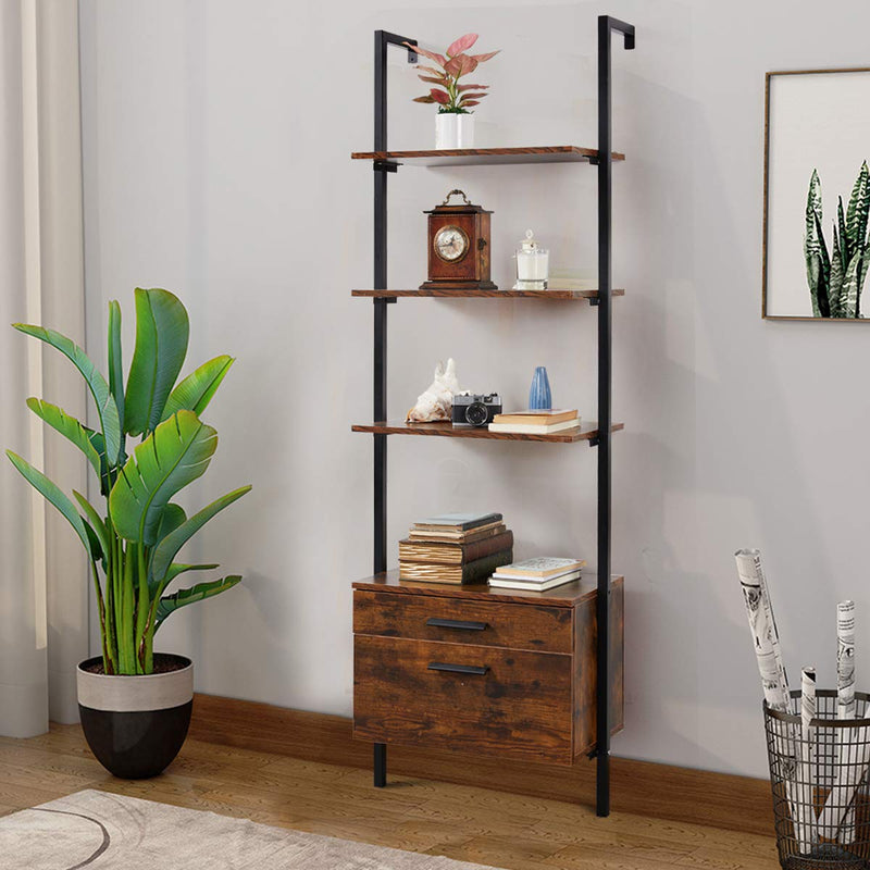 Wall Mouted Industrial 3-Tier Bookshelf with 2 Wood Drawers, Black