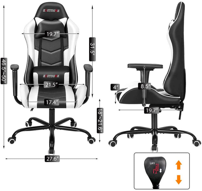 Gaming Chair Massage Ergonomic Office Chair High Back Computer Chair Racing PU Leather Recliner with Headrest & Lumbar Pillow, Black & White