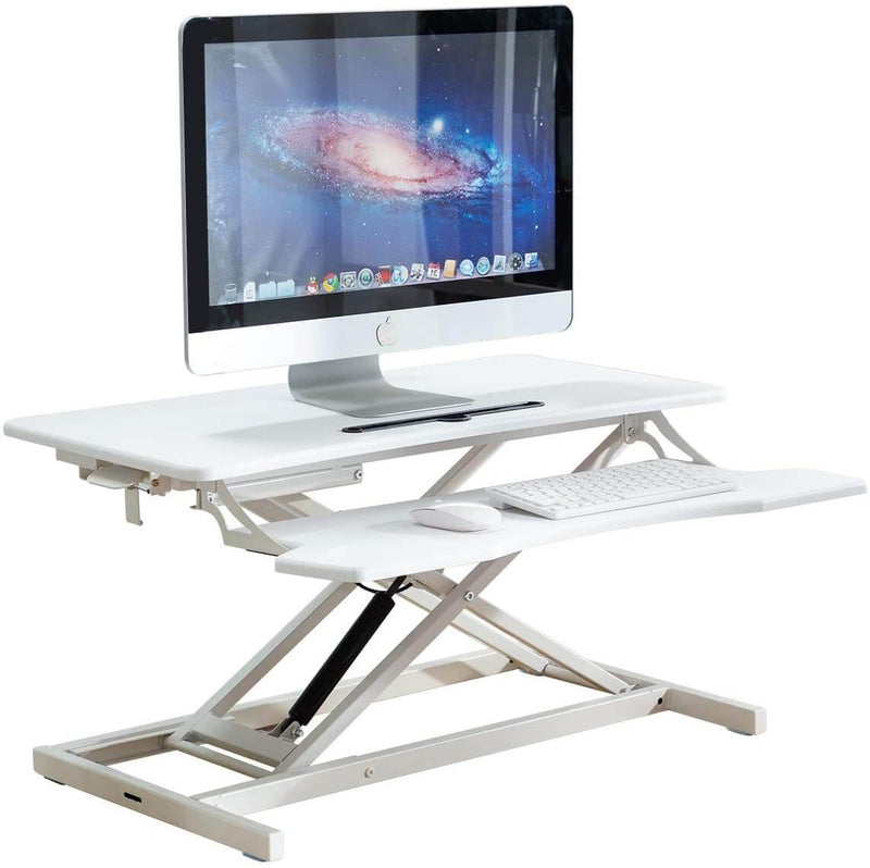 Stand Up Desk Converter 32 Inches Standing Desk Riser, Height Adjustable Home Office Desk with Deep Keyboard Tray for Laptop, White