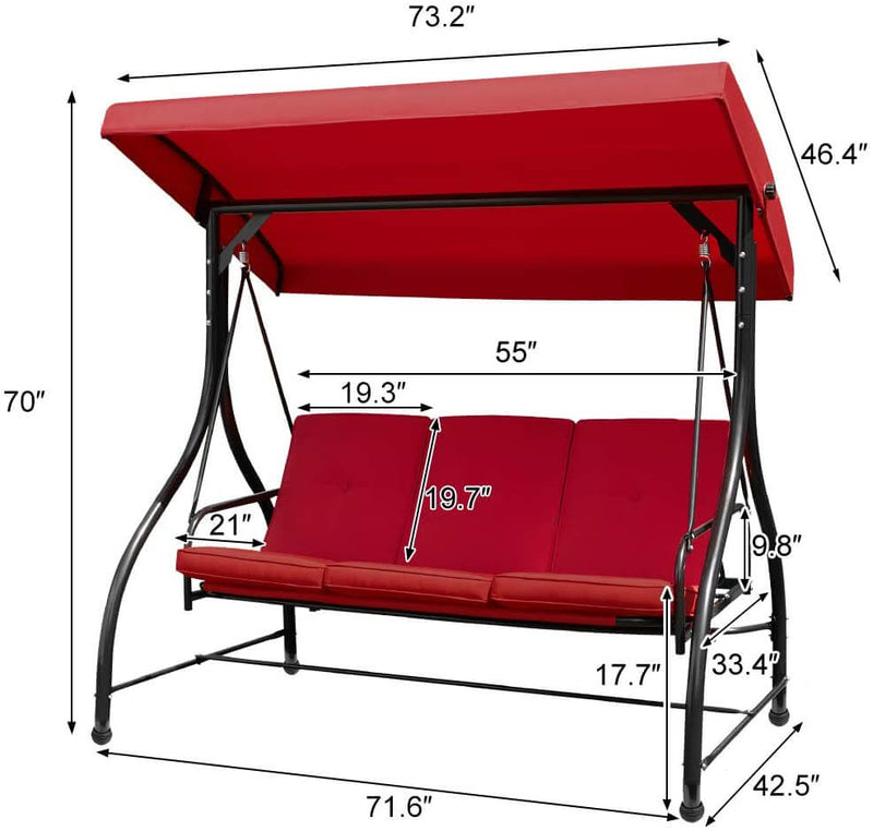 3 Person Patio Porch Swing Outdoor Swing Chair with Adjustable Canopy Weather Resistant Steel Frame & Padded, Red