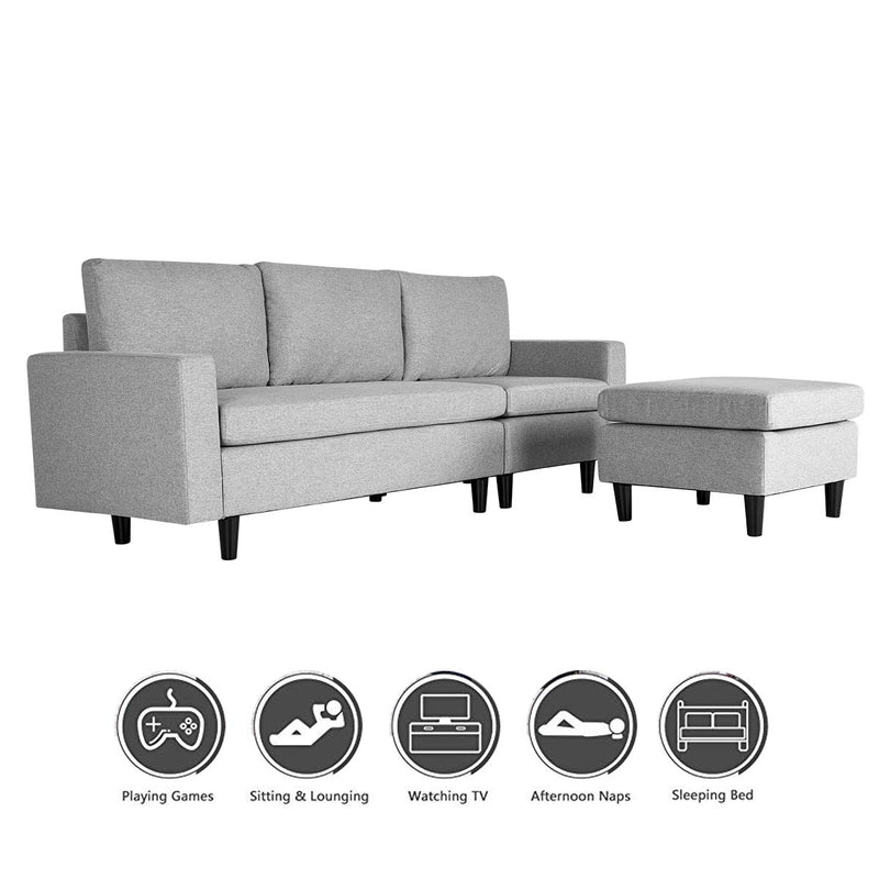Convertible Sectional L-Shaped Sofa Couch with Modern Linen Fabric Light Grey