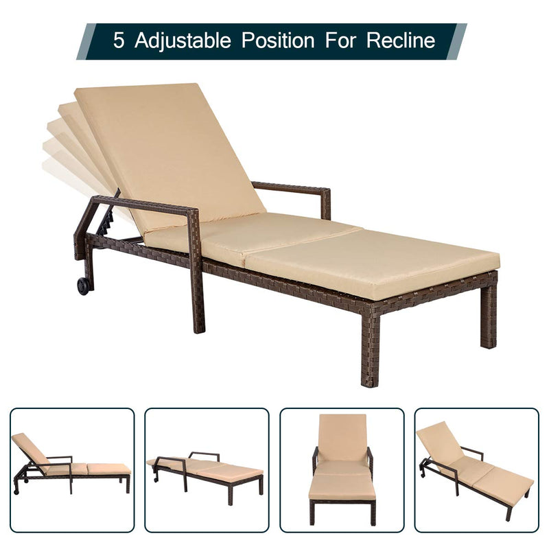 Adjustable Outdoor Chaise Lounge Chair Rattan Wicker Patio Lounge Chair with Cushion and Wheels,Brown