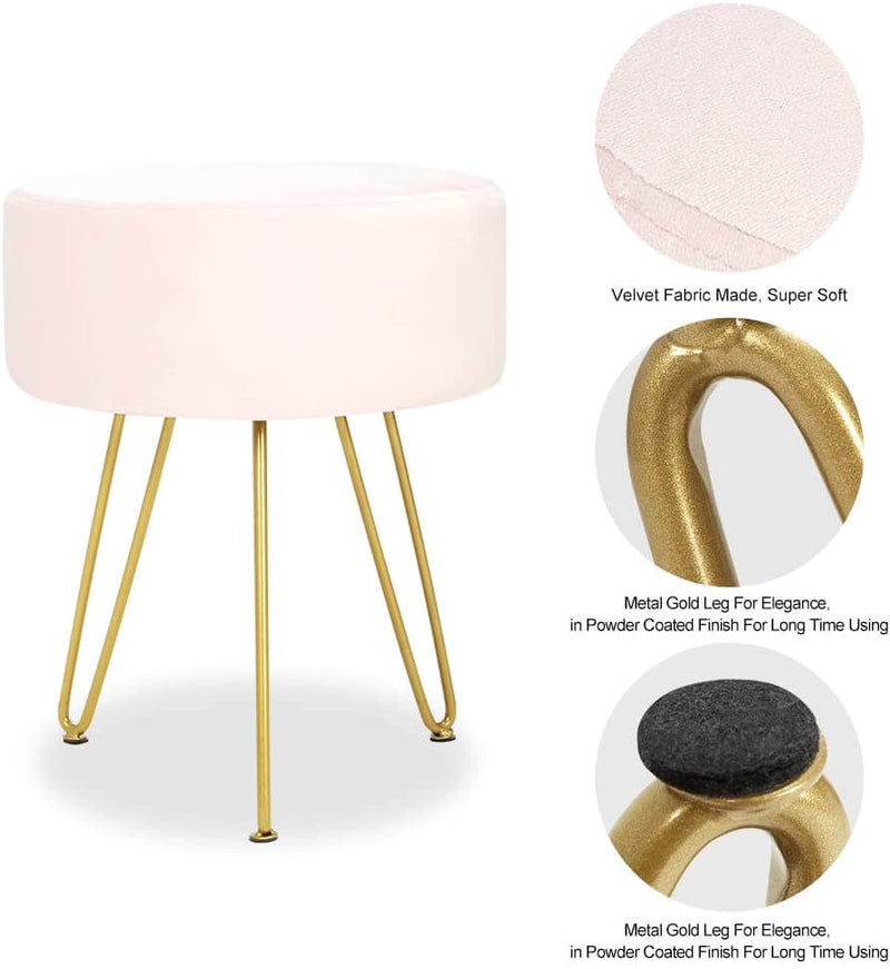 Velvet Footrest Ottoman Round Modern Upholstered Vanity Footstool Side Table Seat Dressing Chair with Golden Metal Leg, Pink