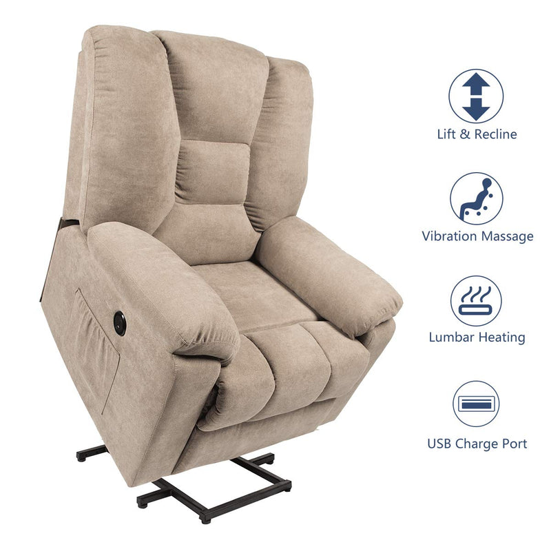 Microfiber Power Lift Electric Recliner Chair with Heated Vibration Massage Sofa Fabric Living Room Chair with 2 Side Pockets, USB Charge Port & Massage Remote Control, Beige Gray