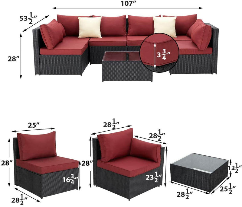 7-Piece Wicker Outdoor Patio Sectional Furniture Set Rattan Patio Conversation Furniture Sets Wicker Sofa Set with Red Cushion