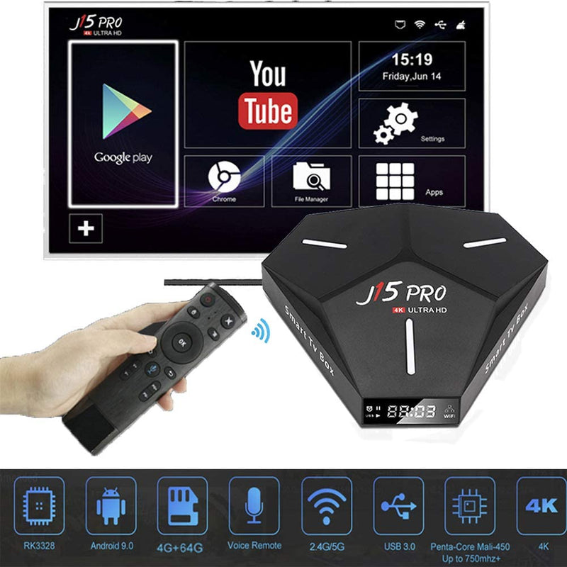 Dnyker Android 9.0 TV Box, Quad-core Cortex-A53 CPU 4GB RAM 64GB ROM 2.4GHz/5GHz Dual Band WiFi 4K Ultra HD Resolution Bluetooth 4.0 Streaming Media Player