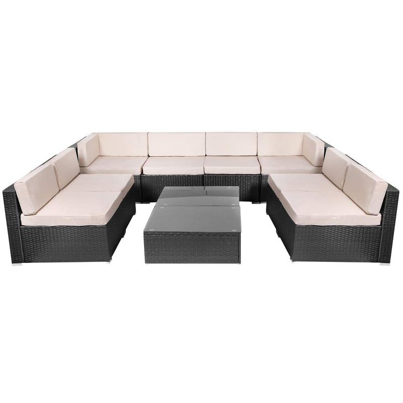 10 Pieces Patio PE Rattan Wicker Sofa Set Outdoor Sectional Furniture Conversation Chair Set with Cushions and Tea Table Black