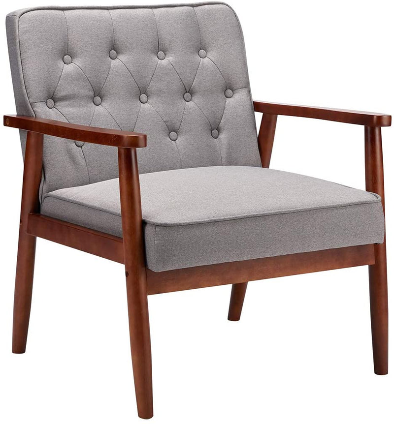 Mid-Century Retro Lounge Accent Chair Faux Leather Tufted Back Wooden Arm Chair Grey Fabric
