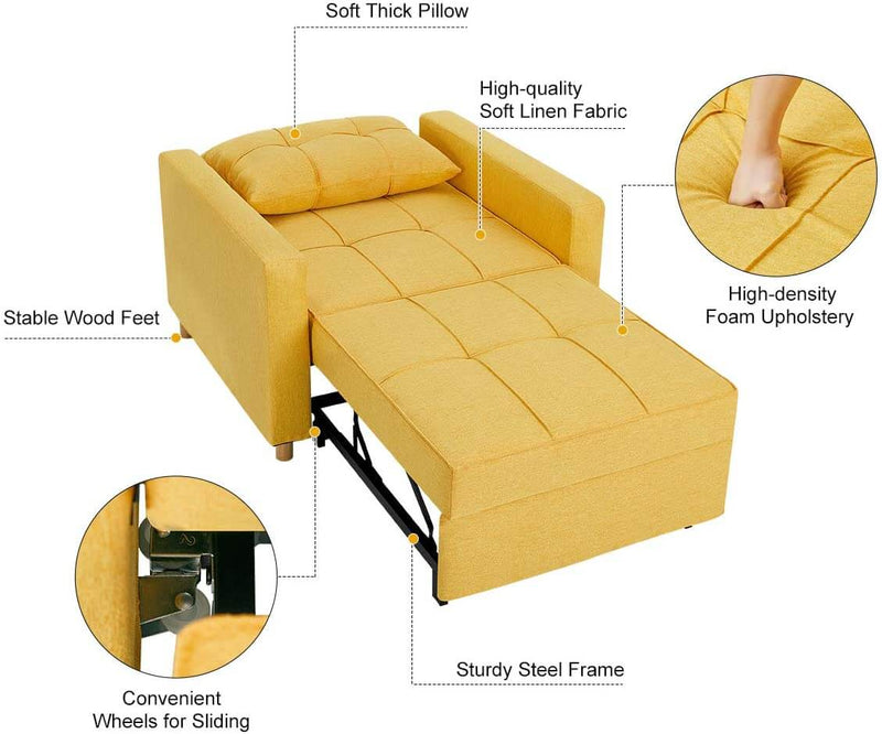 Sofa Bed 3-in-1 Convertible Chair Multi-Functional Adjustable Recliner, Sofa, Bed, Modern Linen Fabric, Yellow