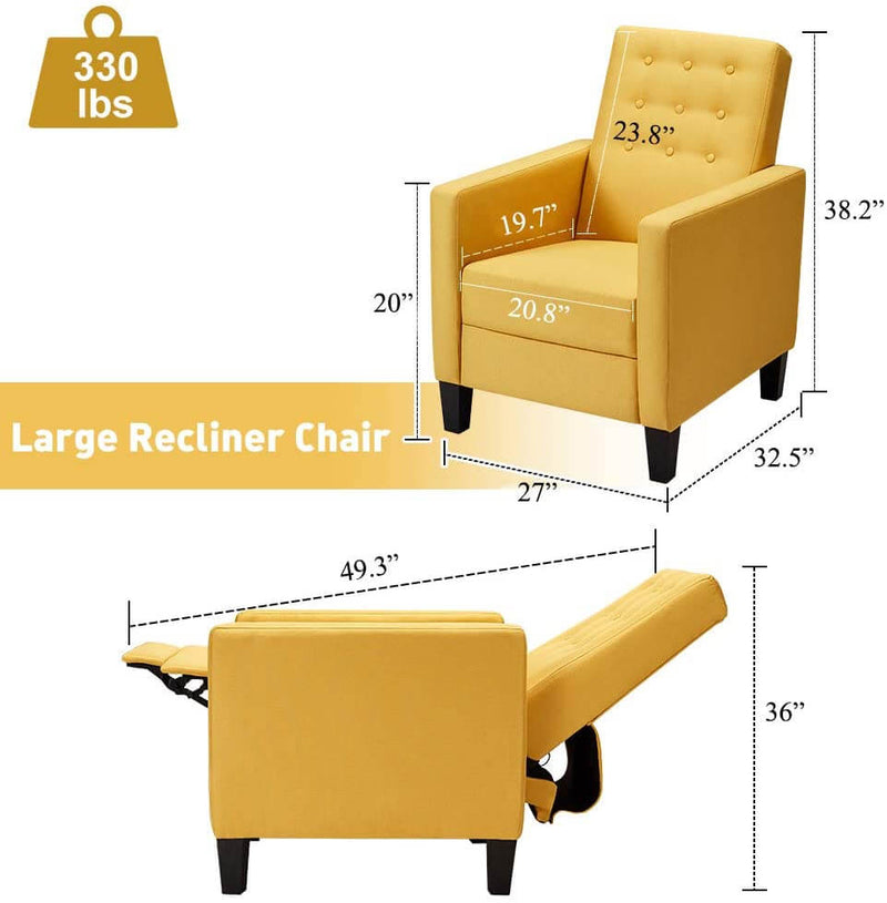 Mid-Century Modern Fabric Recliner with Vibrated Massage, Push Back Recliner Chair w/Side Pocket and Button Tufted Back Single Sofa Chair for Living Room, Yellow