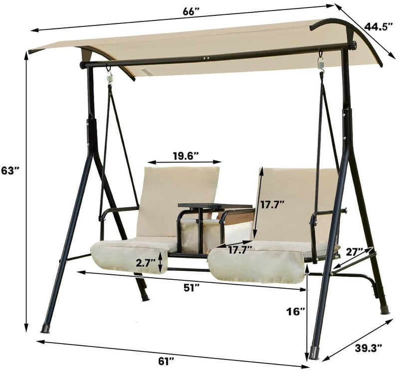 2 Person Patio Porch Swing Outdoor Swing Chair with Adjustable Tilt Canopy, Table and Storage Console, Beige