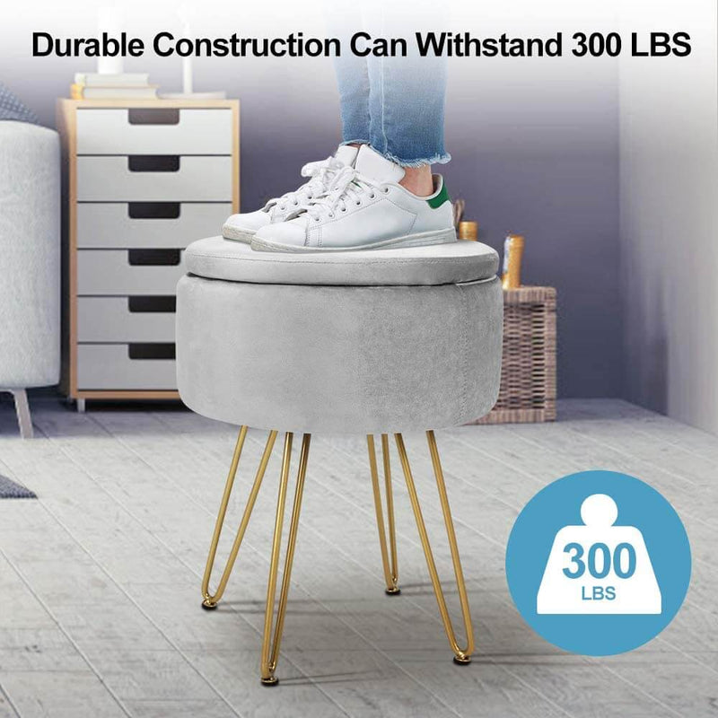 Velvet Footrest Storage Ottoman Round Modern Upholstered Vanity Footstool Side Table Seat Dressing Chair with Golden Metal Leg, Gray