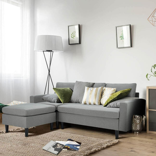 Esright Enlarged Convertible Sectional Sofa Couch, 3-seat Sofa Couch with Ottoman, L-Shaped Sofa in Modern Linen Fabric, Gray