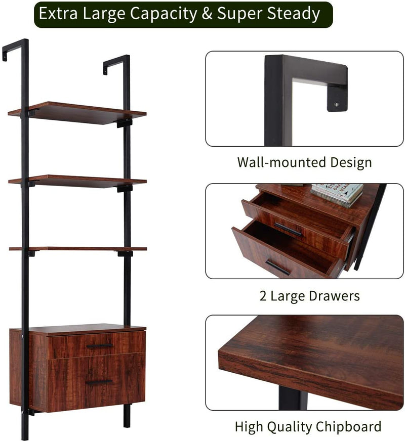 Wall Mounted Industrial 3-Tier Bookshelf with 2 Wood Drawers & Matte Steel Frame Ladder Shelf Bookcase, Black