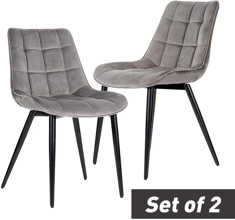 Velvet Dining Chairs Set of 2 Mid Century Modern Leisure Upholstered Chair with Metal Legs Grey