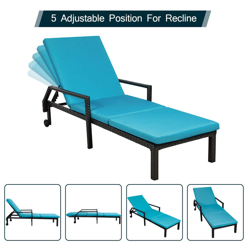 Adjustable Outdoor Chaise Lounge Chair Rattan Wicker Patio Lounge Chair Set of 2 with Cushion and Wheels,Black