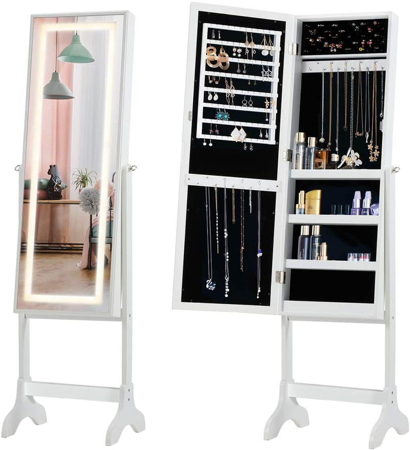 Floor Standing Jewelry Armoire, Angle Adjustable Jewelry Organizer, Dressing Mirror Jewelry Cabinet with Full Length Mirror, White