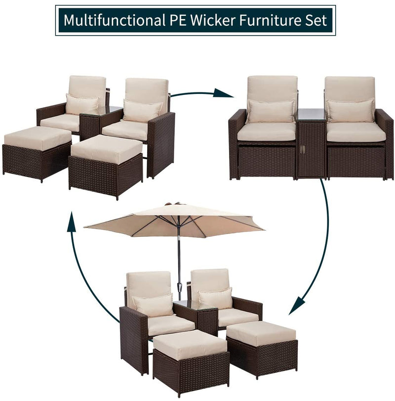 5 Pcs Outdoor Furniture Sets PE Wicker Rattan Chair Recliner with Ottoman and Table