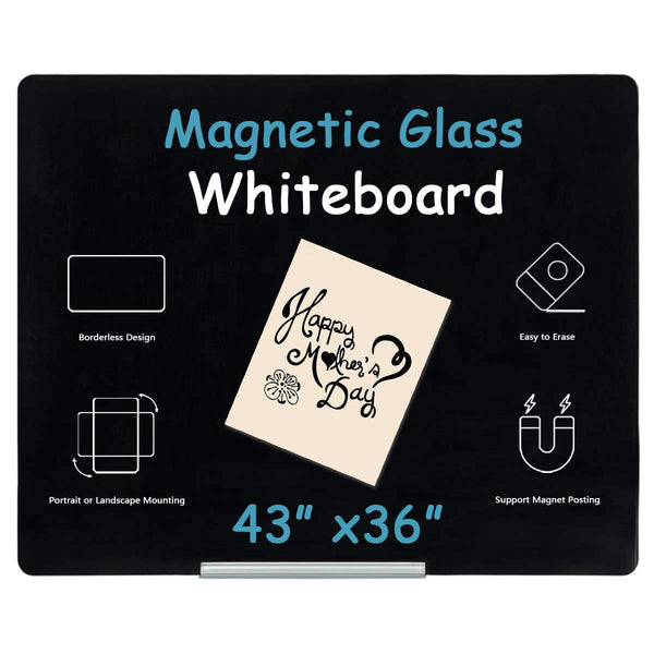 44×36 Inches Magnetic Glass Writing Dry Erase Board Office, Home, School (Black)