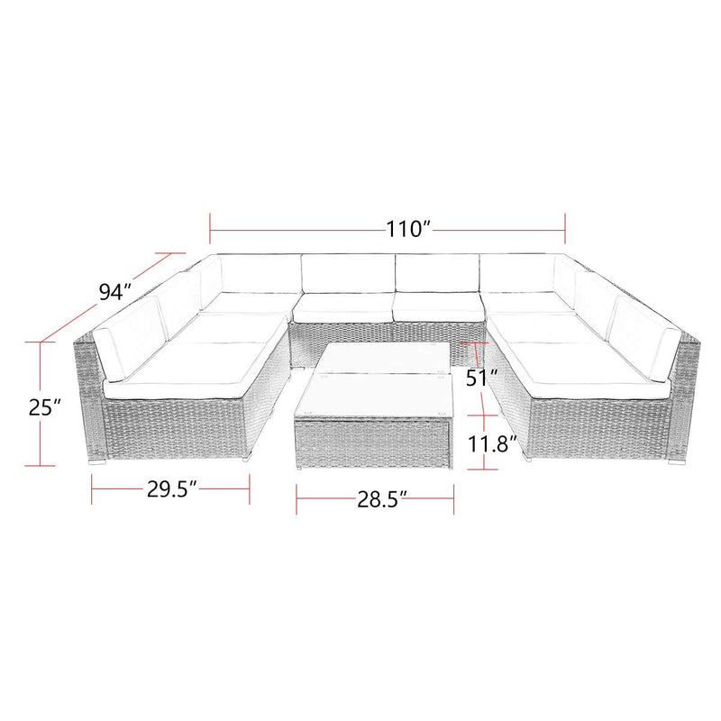 10 Pieces Patio PE Rattan Wicker Sofa Set Outdoor Sectional Furniture Conversation Chair Set with Cushions and Tea Table Black