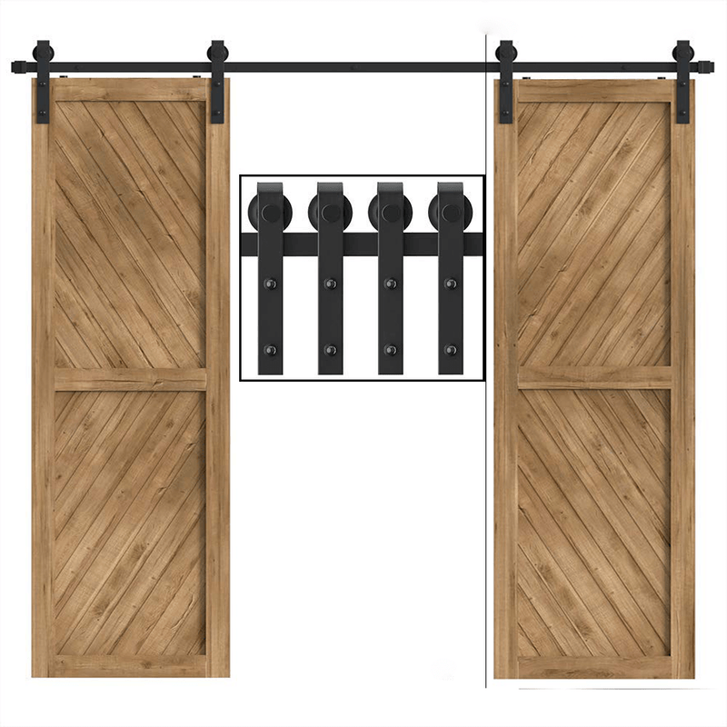 8FT Double Barn Door Hardware J Shape Carbon Steel Bi-parting System 96inch