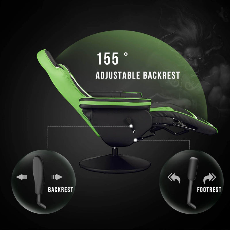 Gaming Chair Recliner Ergonomic Racing Chair with Vibration Massage Adjustable Backrest and Footrest, Swivel Faux Leather Office Chair, Green