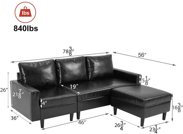 Convertible Sectional Sofa Couch, 3-seat Sofa Couch with Ottoman, L-Shaped Sofa with Modern PU Leather Fabric, for Living Room or Apartment (Black)