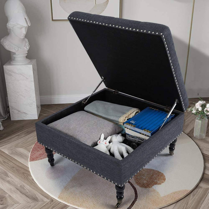 29" Square Tufted Button Storage Ottoman Table Bench with Rolling Wheels Nailhead Trim Linen Fabric Foot Rest Stool/Seat for Bedroom, living Room and Hallway (Gray)