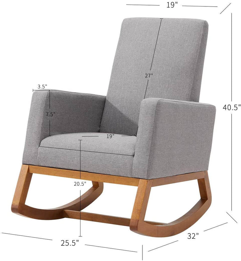 Rocking Chair, Mid Century Accent Chair, Glider Rocker with Ottoman, Seat Wood Base, High Back Linen Armchair,Gray