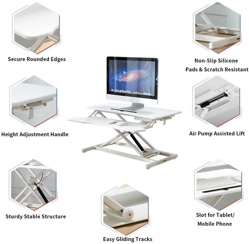 Stand Up Desk Converter 32 Inches Standing Desk Riser, Height Adjustable Home Office Desk with Deep Keyboard Tray for Laptop, White