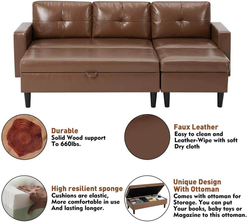 Small Faux Leather Sectional Sofa with Storage Ottoman and Chaise Lounge, 3-Seat Living Room Furniture Sets for Small Apartment, Brown