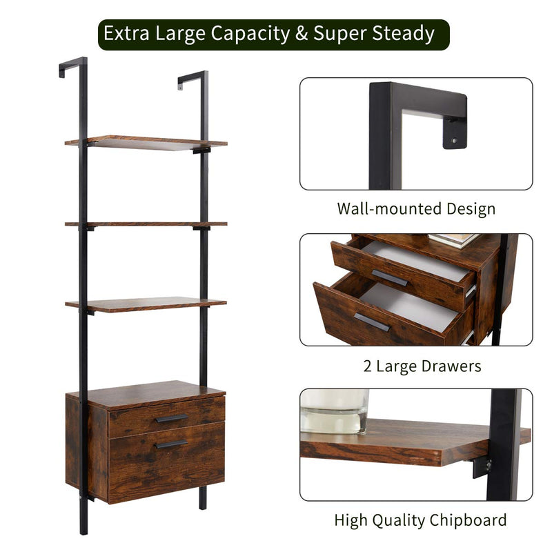Wall Mouted Industrial 3-Tier Bookshelf with 2 Wood Drawers, Black
