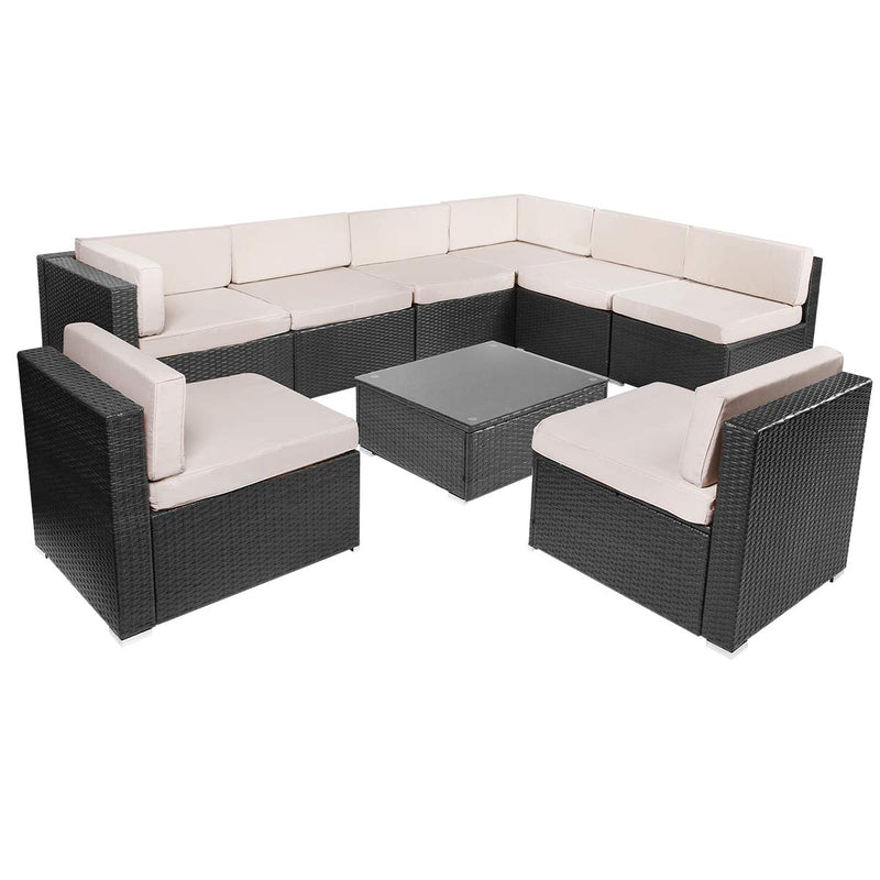 9 Pieces Patio PE Rattan Wicker Sofa Set Outdoor Sectional Furniture Conversation Chairs Set with Cushions and Tea Table Black